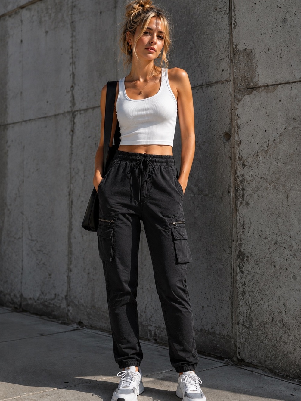 Black Cargo Pants S Utility Streetwear Drawstring Pockets Casual